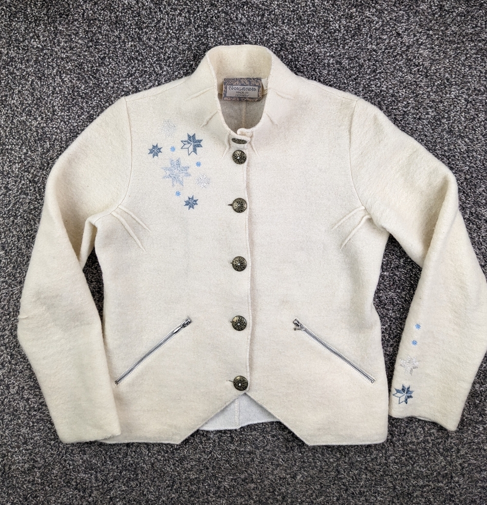 Vintage Norlaender Sweater Wool Cardigan Embroidered Snowflakes Nordic Womens XS